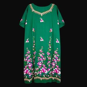Vintage EC Batik Green Floral Cotton Caftan Maxi Dress Thailand Boho Lounger